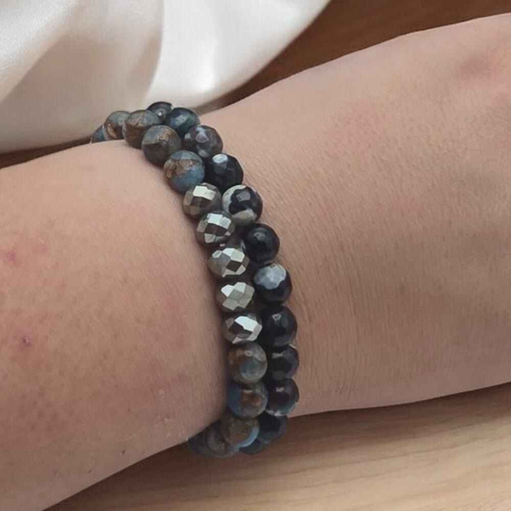 Midnight Faceted Gemstone Stretch Bracelet Stack Dark Romantic Minimalist